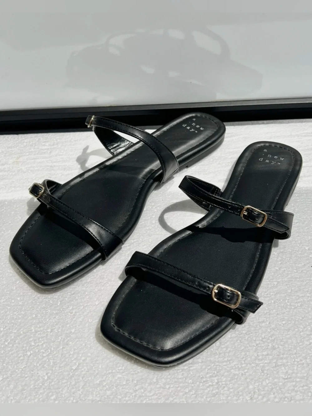 A New Day Black Buckle Square Toe Flat Sandals Size 8